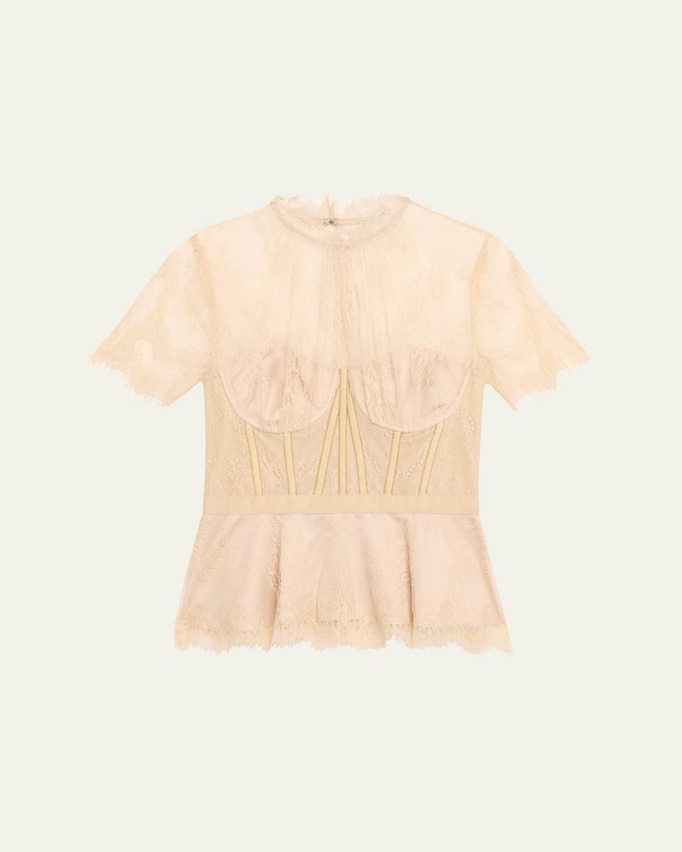 Kehlani Sheer Lace Short-Sleeve Peplum Bustier Top